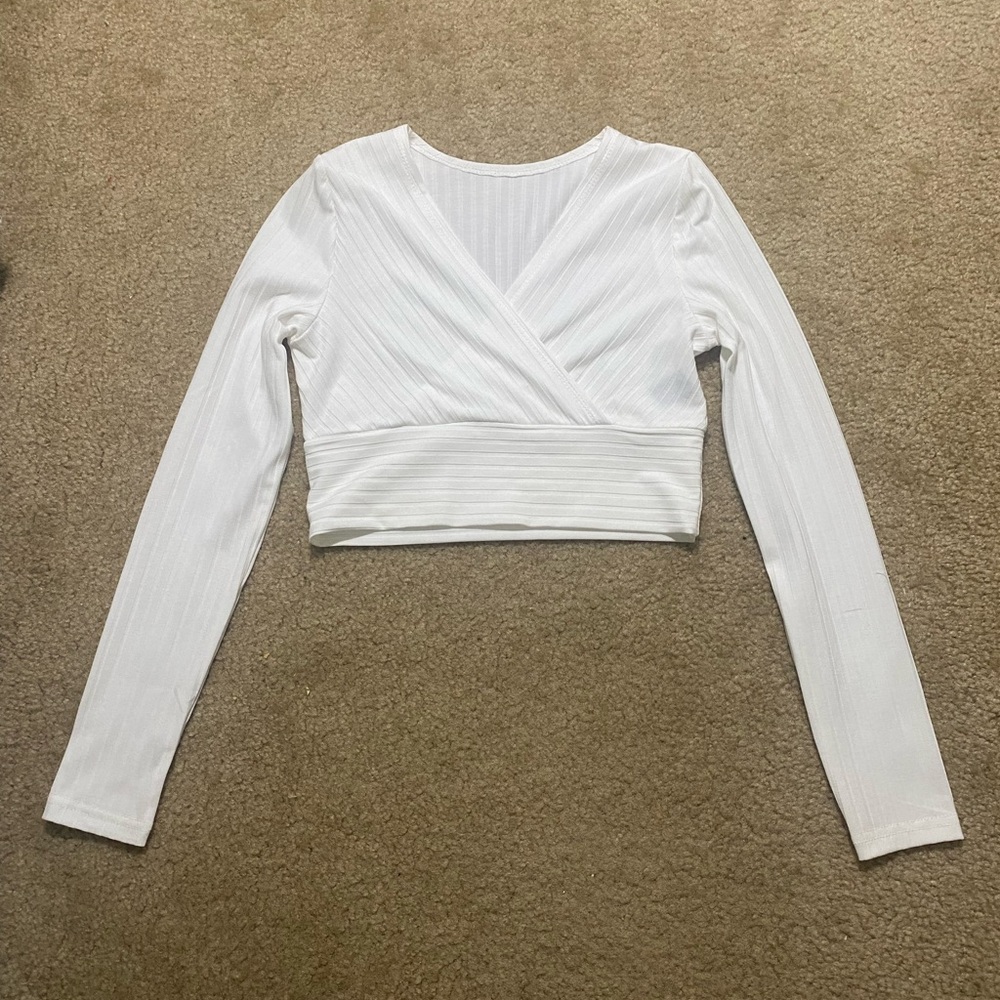 PETITE White Long-sleeve V-neck Shirt
